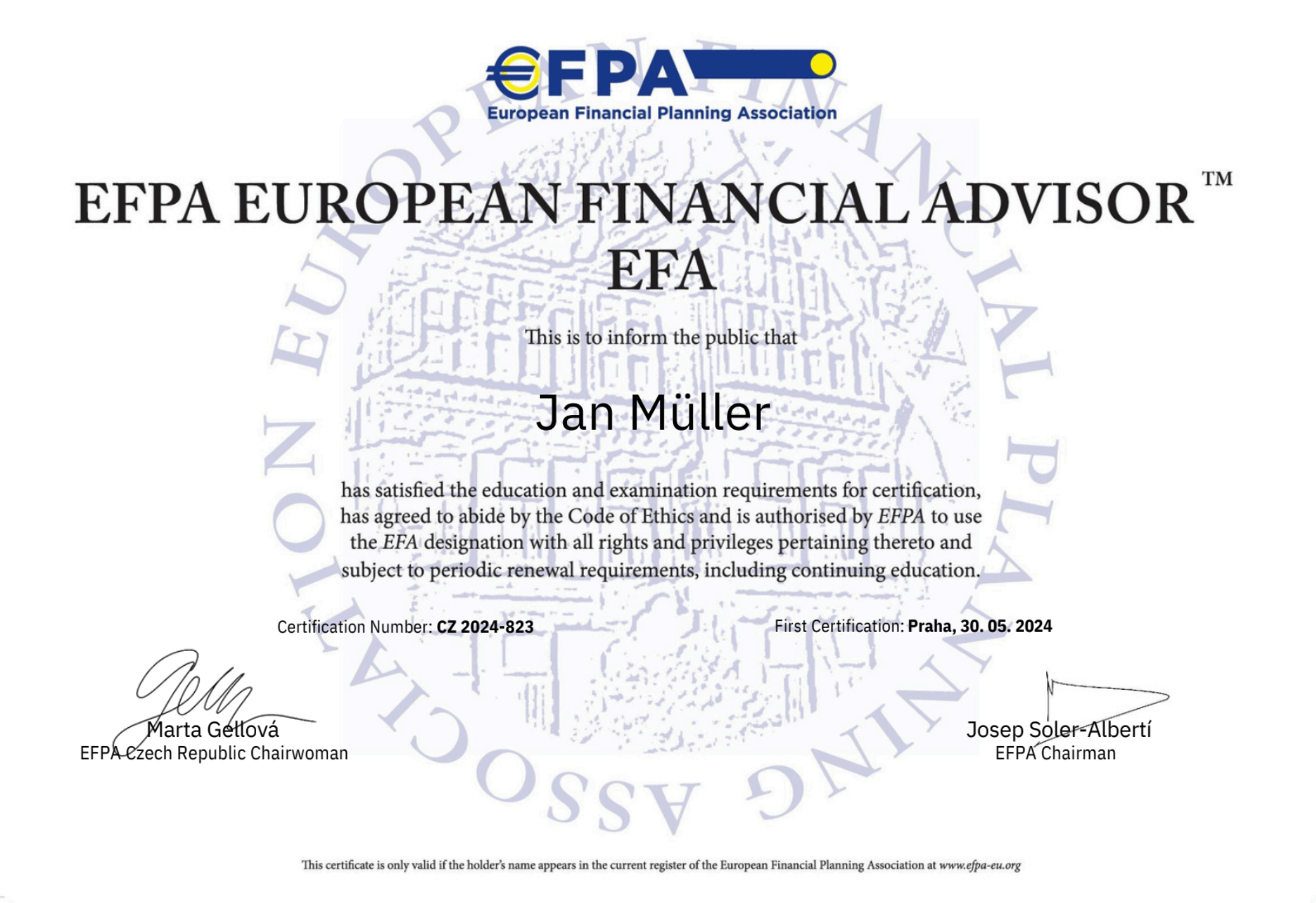 Certifikát EFA